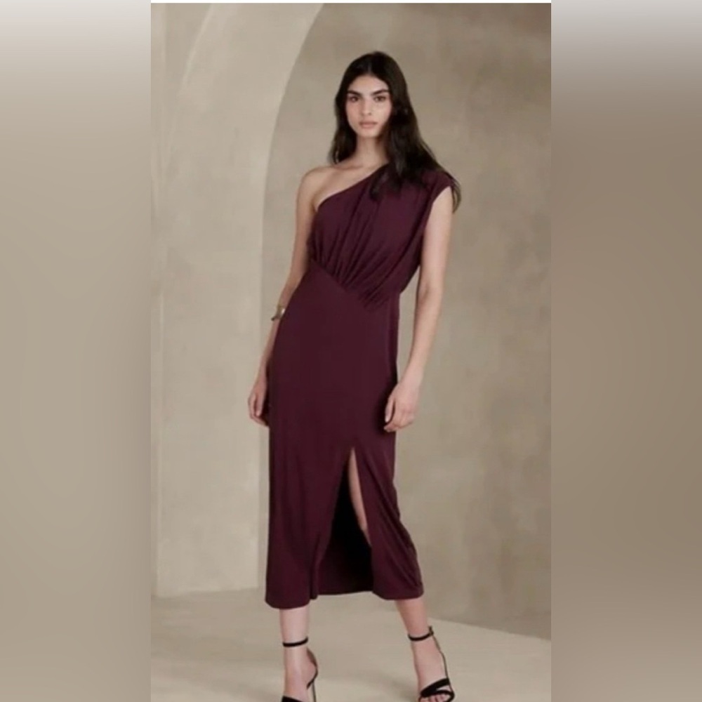 Banana Republic Women's Radhi Midi Dress XL One Shoulder Burgundy wedding guest